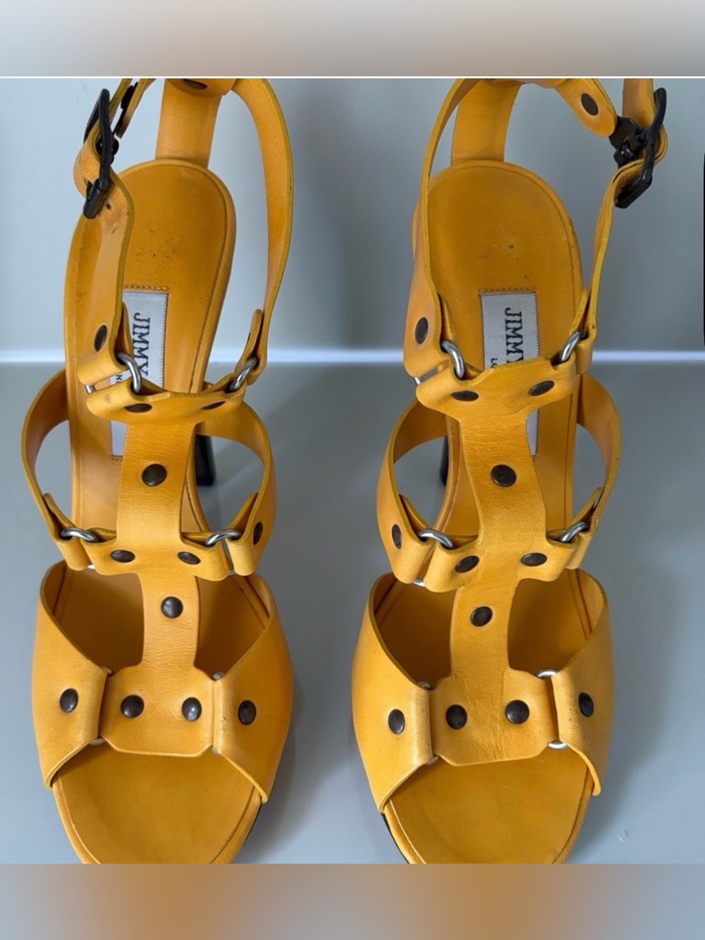 Jimmy Choo Yellow Leather Studded Strappy Heels